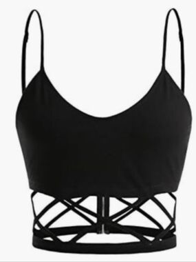 Black Sexy Straps Sleeveless Cutout Criss Cross Zipper Crop Cami